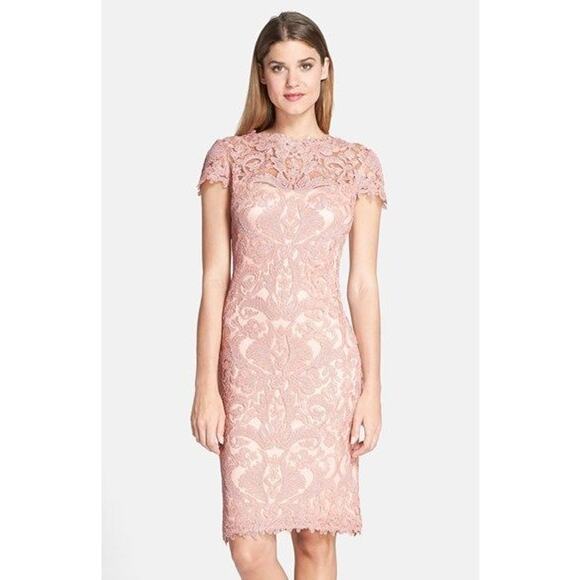 Tadashi Shoji Illusion Yoke‎ Lace Sheath Mini Dress Pink Size 10 - Picture 1 of 6